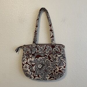 Vera Bradley Med Bag Shoulder Purse Slate Blooms Blue Brown Zip‎ Floral Quilted